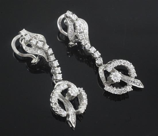 A pair of 1970s 18ct white gold and diamond set drop earrings, 41mm.